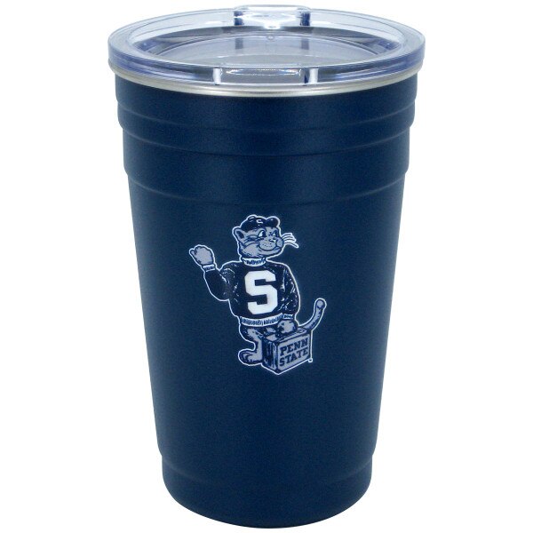 navy travel tumbler with vintage Penn State mascot with sweater and suitcase